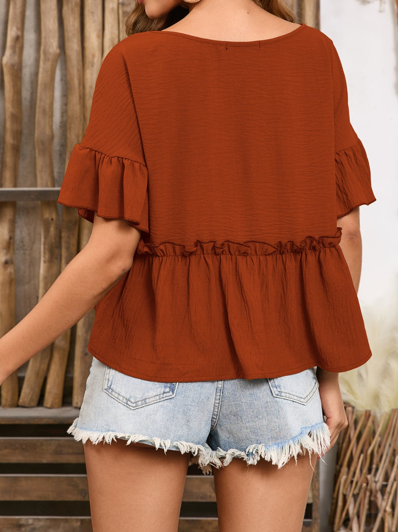 Indie Frill Decorative Button Round Neck Half Sleeve Blouse