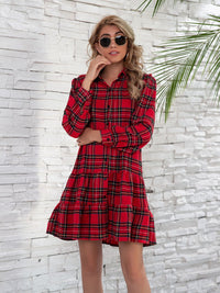 Rhea Ruffle Hem Plaid Button Down Long Sleeve Dress