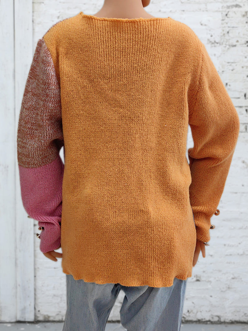 Lily Color Block Decorative Button Long Sleeve Sweater