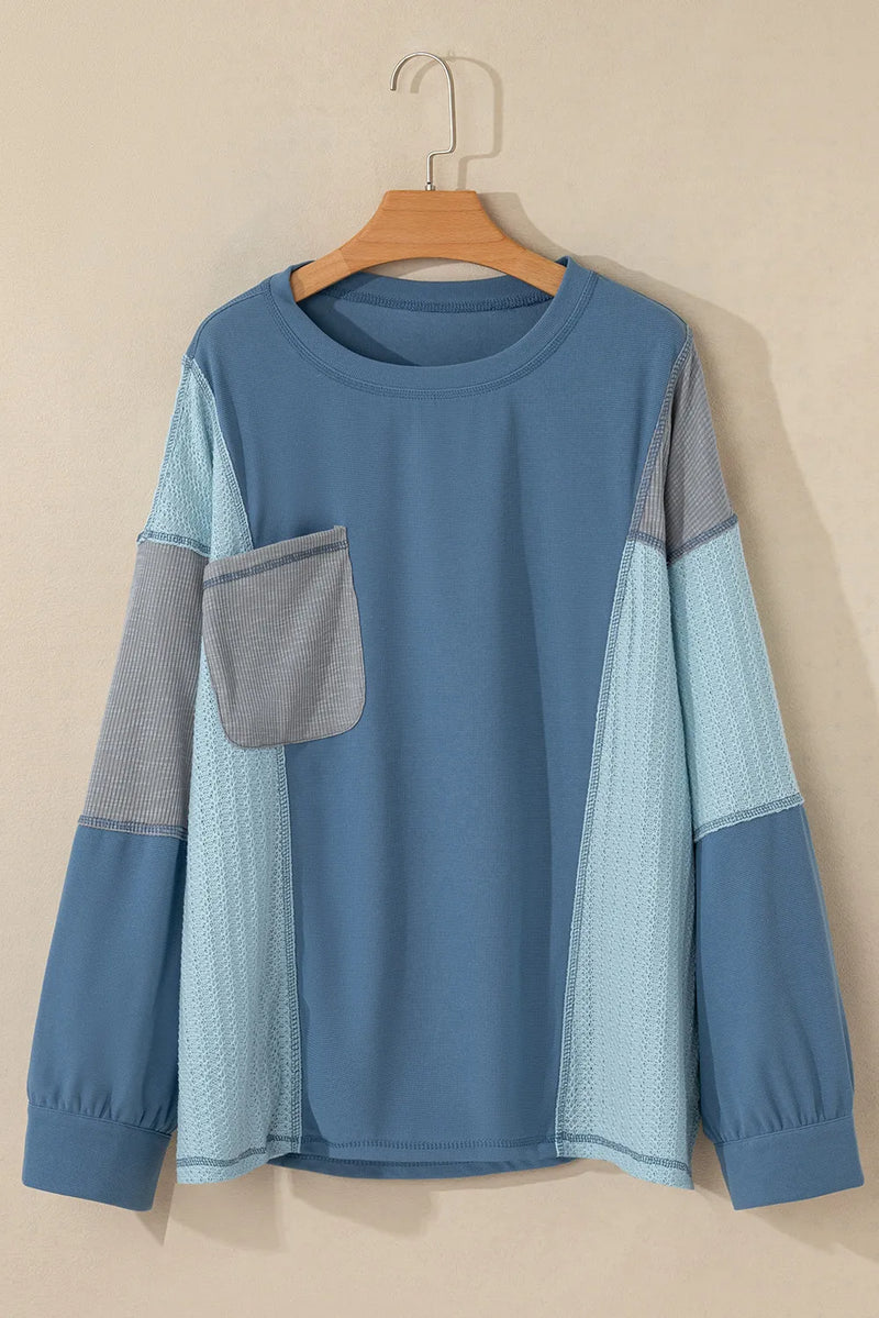 Mira Patchwork Color Block Round Neck Long Sleeve Top