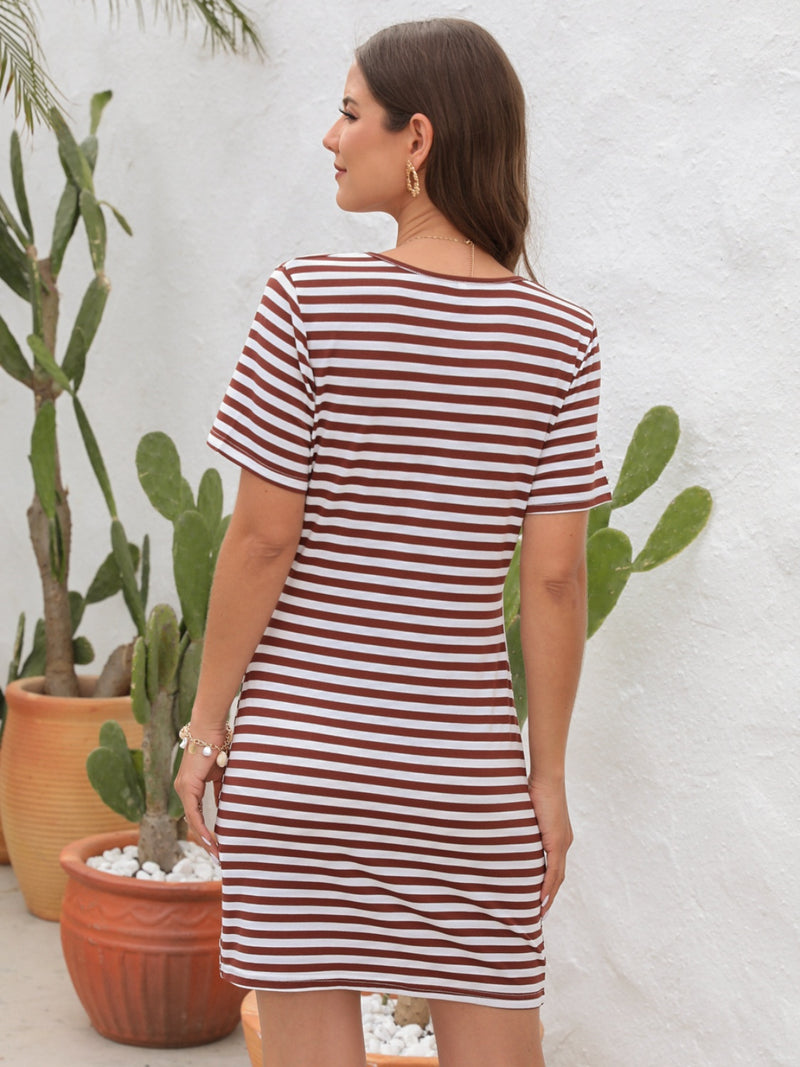 Raven Cutout Striped Round Neck Short Sleeve Dress