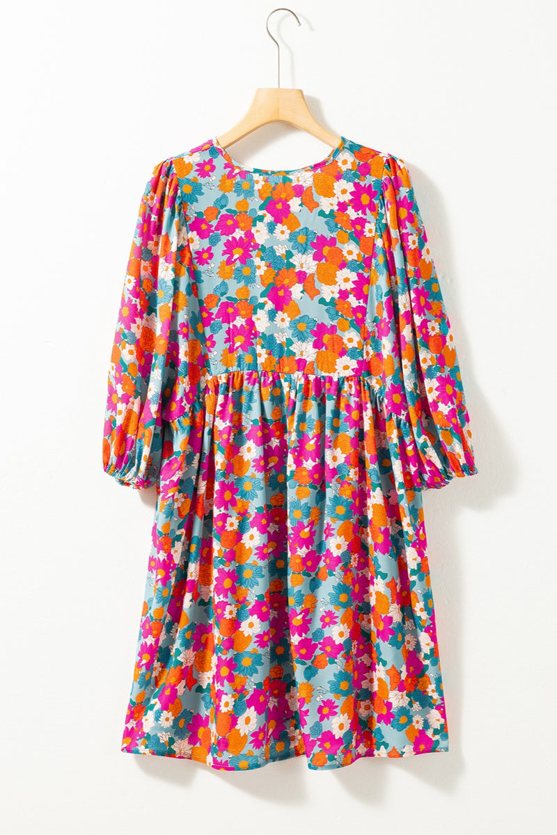 Elora Floral Tie Neck Puff Sleeve Mini Dress