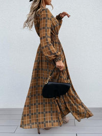 Kira Slit Plaid Tie Neck Long Sleeve Maxi Dress