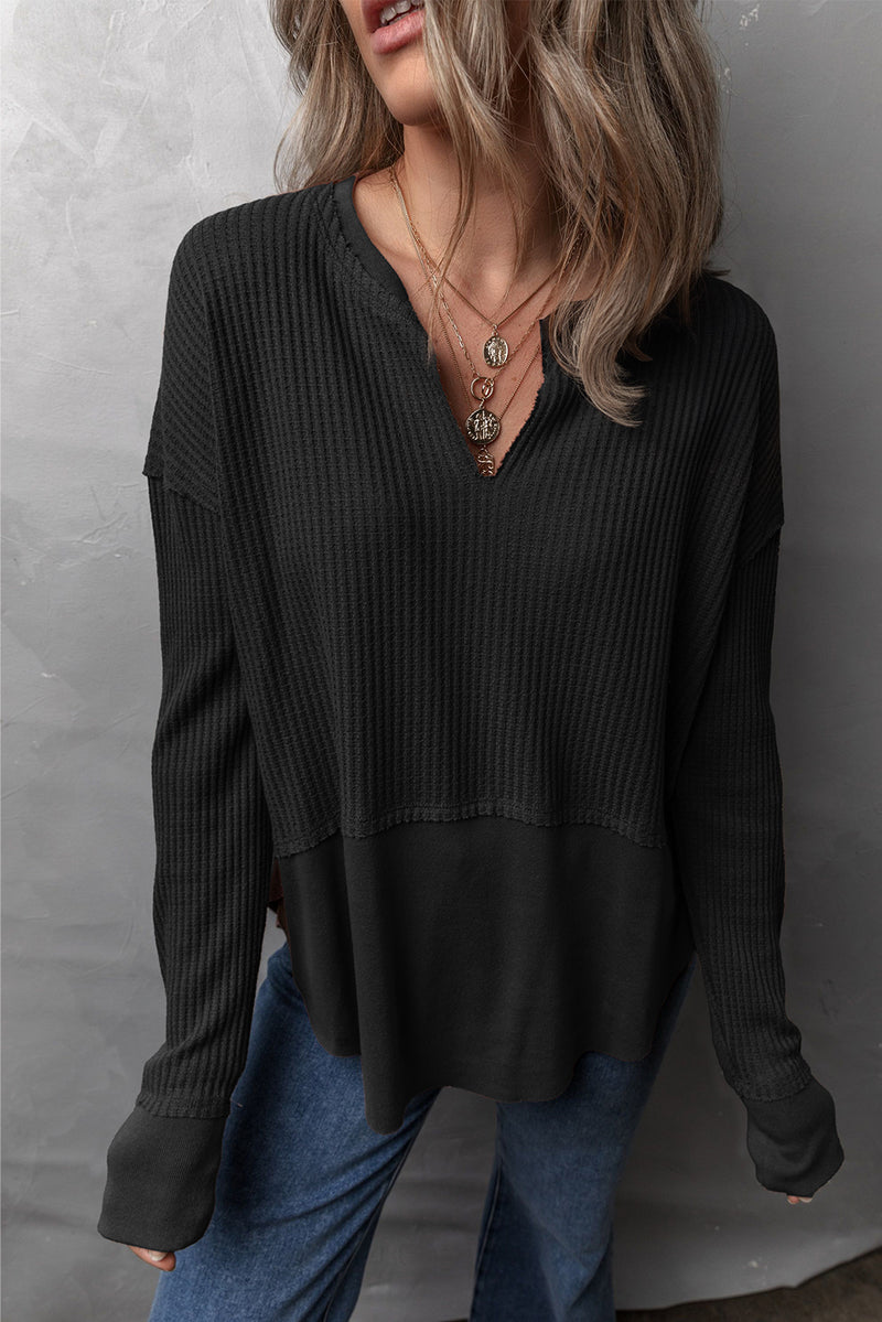 Miriam Waffle-Knit Exposed Seam Notched Long Sleeve Top