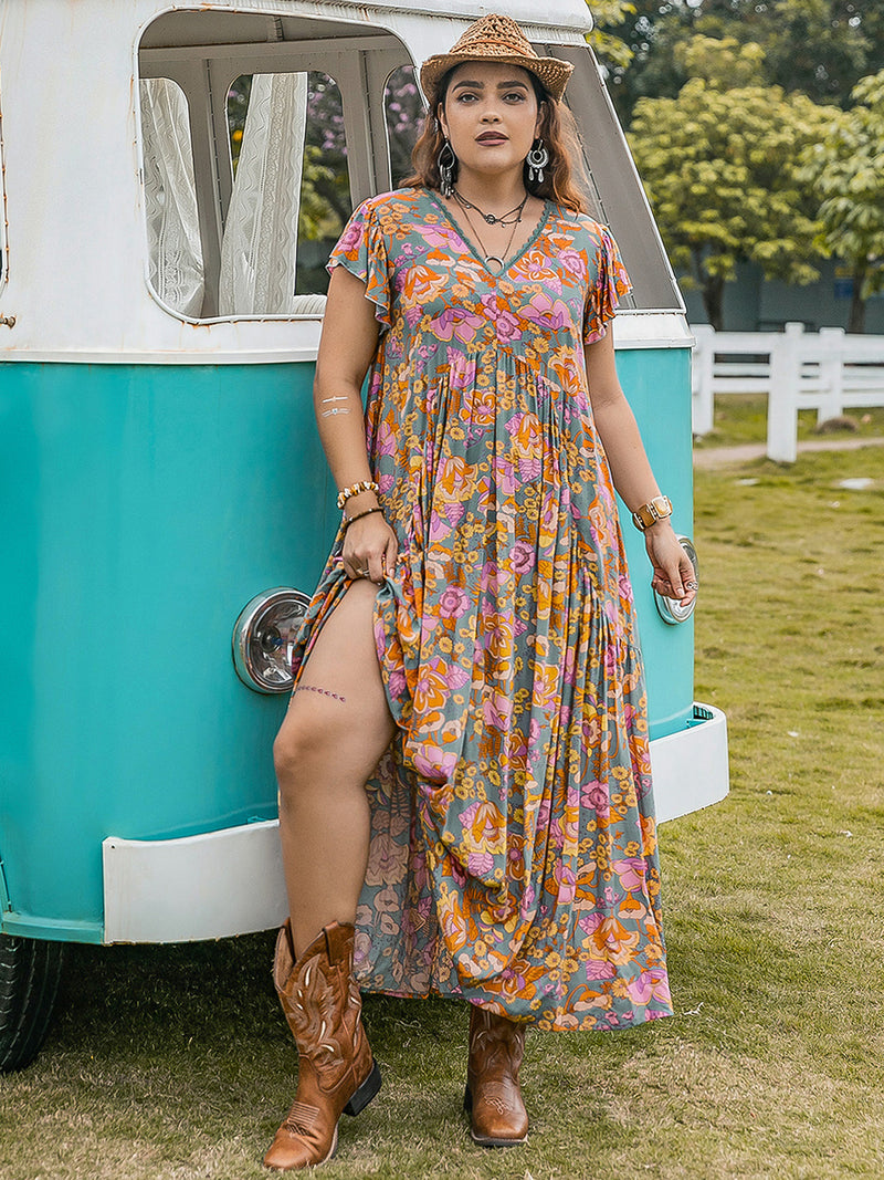 Melina Plus Size Ruffled Printed Cap Sleeve Dress