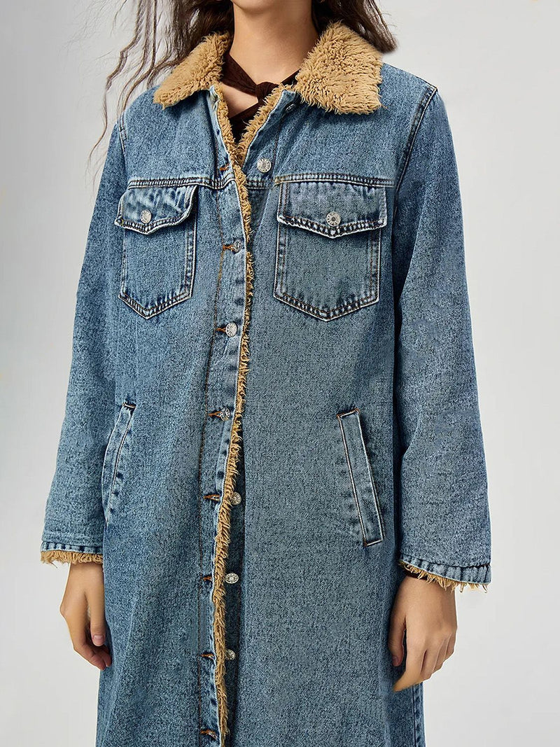 Rose Pocketed Button Up Denim Jacket with Fur Lining