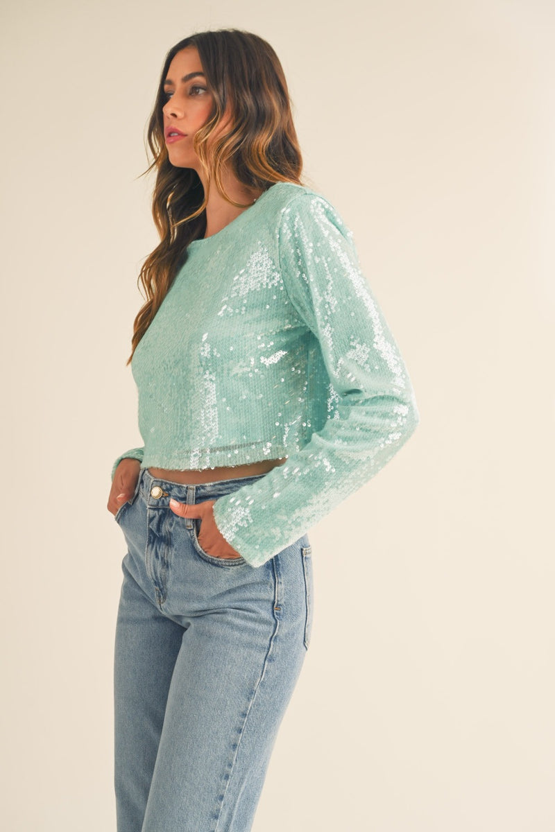 Zariah Shoulder Padded Sequin Crop Top