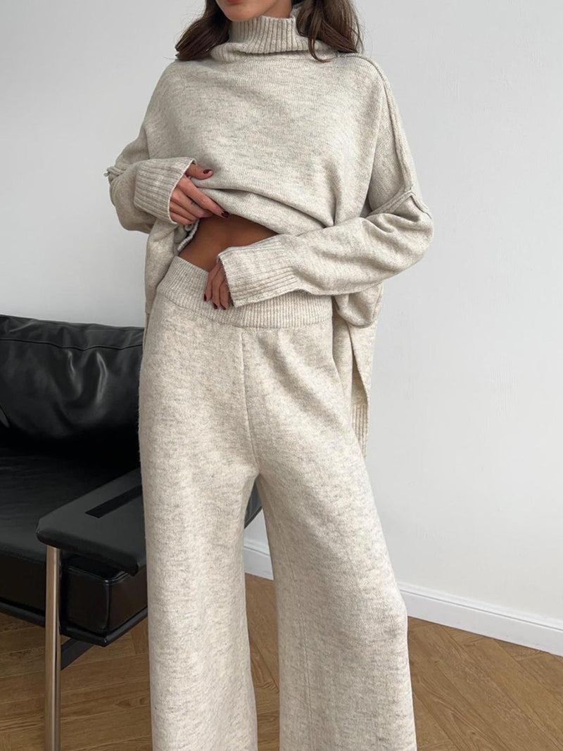 Reese Slit Turtleneck Long Sleeve Top and Pants Sweater Set