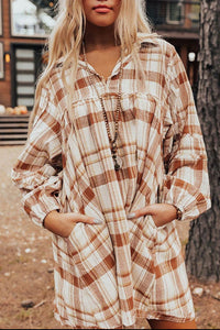 Meilani Plaid Collared Neck Long Sleeve Mini Shirt Dress