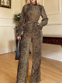 Sky Leopard Flounce Sleeve Wide Leg Jumpsuit