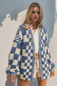 Virginia Open Front Checkered Drop Shoulder Cardigan