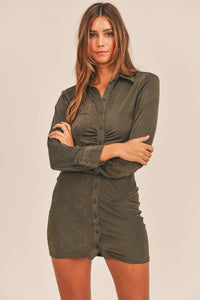 Kora Front Ruched Button-Down Skinny Mini Shirt Dress