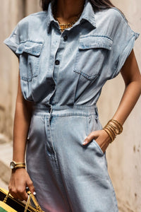 Sarai Slit Pocketed Half Button Denim Dress