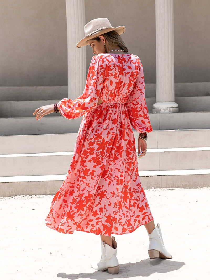 Sarah Tied Cutout Printed Long Sleeve Midi Dress