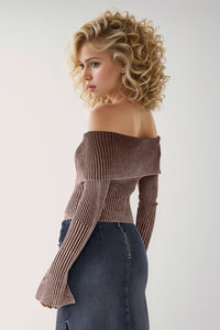 Skyler Ribbed Off-Shoulder Zip Up Long Sleeve Cardigan