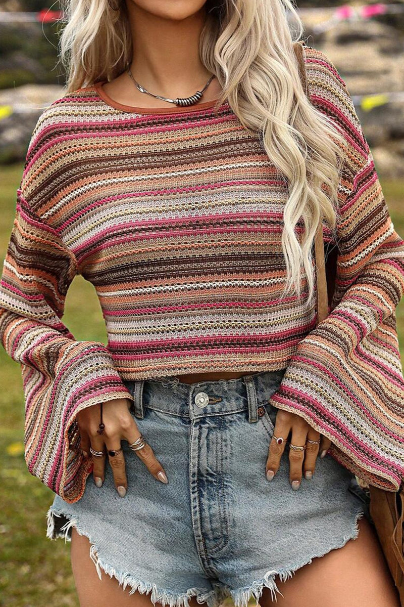 Makenna Striped Round Neck Long Sleeve Blouse