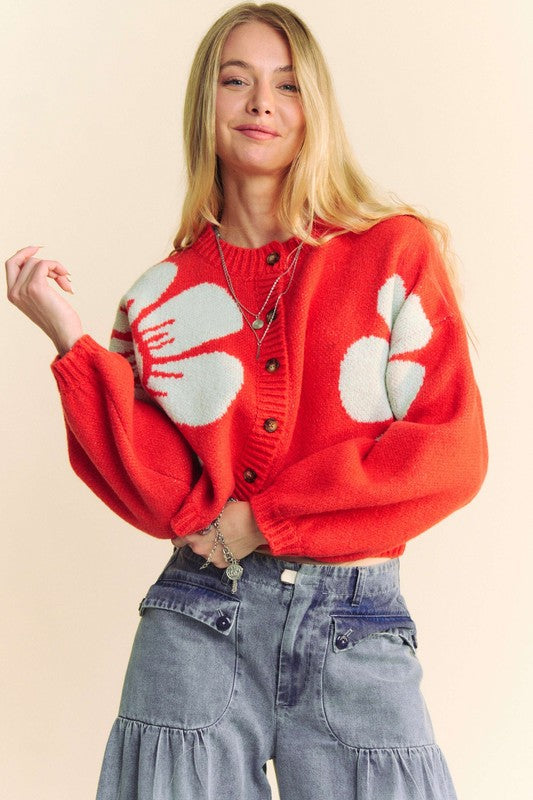 Riley Flower Contrast Round Neck Long Sleeve Cardigan