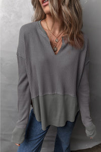 Miriam Waffle-Knit Exposed Seam Notched Long Sleeve Top