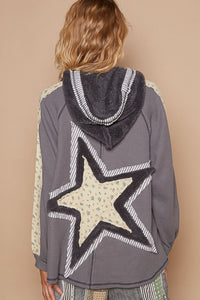 Ocean Half Zip Up Fleece Mix Back Star Patch Hoodie