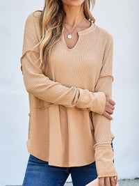 Nola Waffle-Knit Notched Long Sleeve T-Shirt