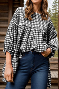 Noah Tiered Plaid Round Neck Long Sleeve Blouse