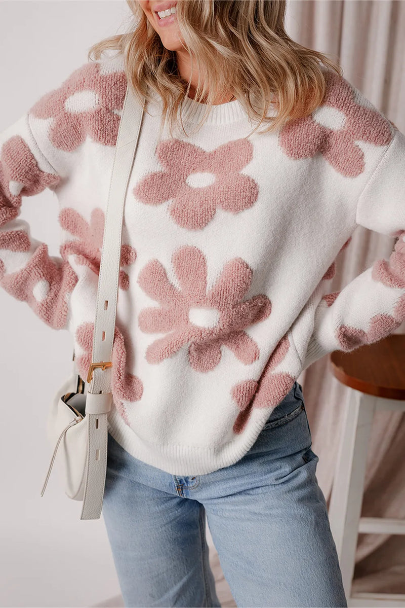 Sophie Flower Round Neck Long Sleeve Knit Top