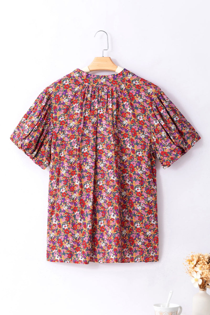 Dream Printed Mock Neck Short Sleeve Blouse