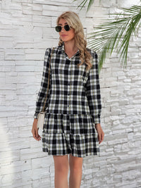 Rhea Ruffle Hem Plaid Button Down Long Sleeve Dress