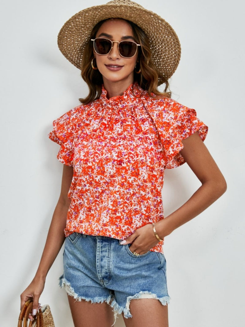 Journey Ditsy Floral Mock Neck Flounce Sleeve Blouse