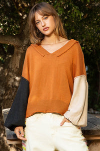 Sienna Exposed Seam Roll Edge Color Block V Neck Sweater