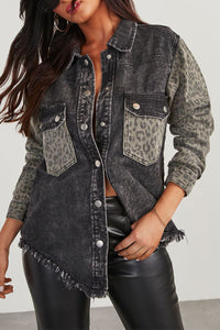 Rowyn Raw Hem Leopard Snap Down Denim Jacket