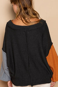 Emersyn Exposed Seam Roll Edge Color Block V Neck Sweater