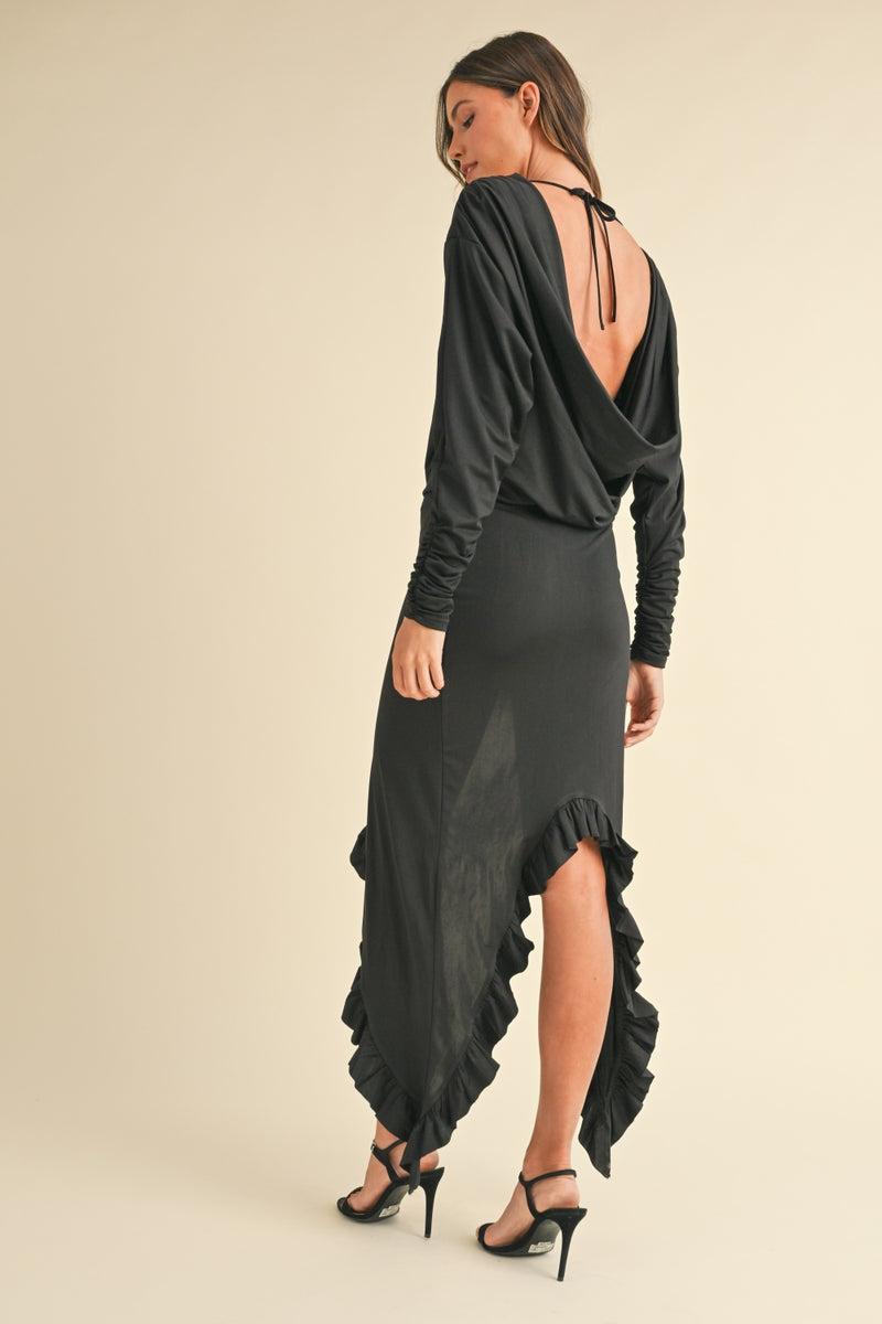 Alison Backless Asymmetric Ruffle Hem Dress