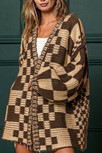 Avery Checkered Open Front Long Sleeve Cardigan