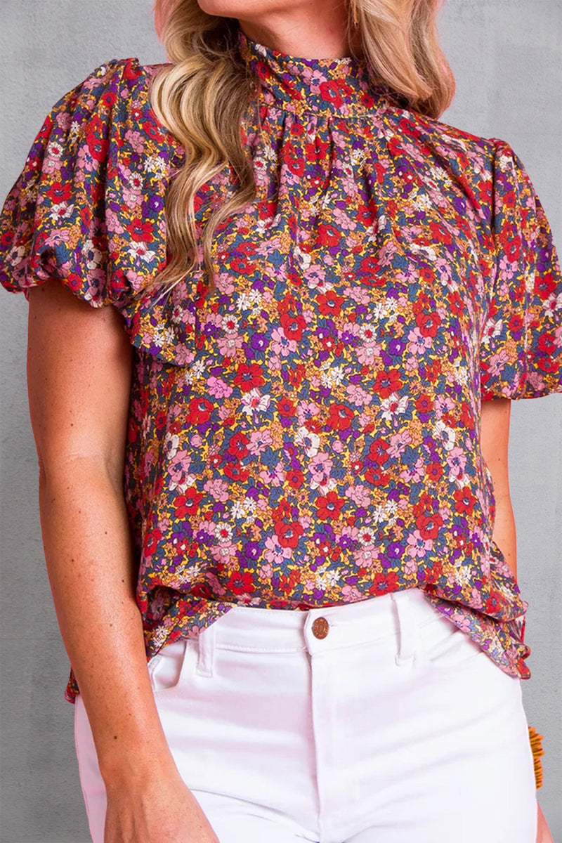 Dream Printed Mock Neck Short Sleeve Blouse