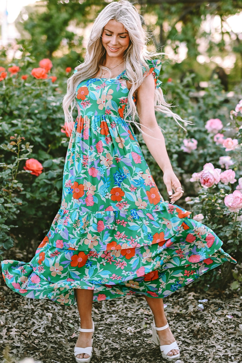 Kimber Tiered Ruffled Printed Sleeveless Dress