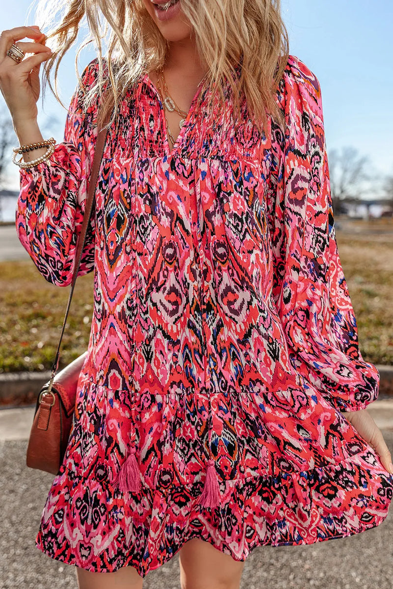 Mikayla Tassel Printed Tie Neck Long Sleeve Dress