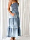 Frances Slit Smocked Tube Tiered Denim Dress