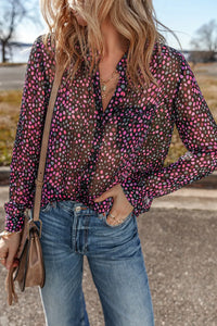 Amora Printed Notched Long Sleeve Blouse