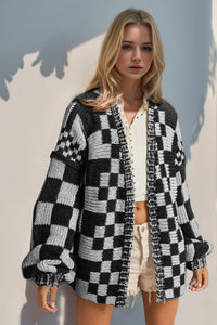 Virginia Open Front Checkered Drop Shoulder Cardigan