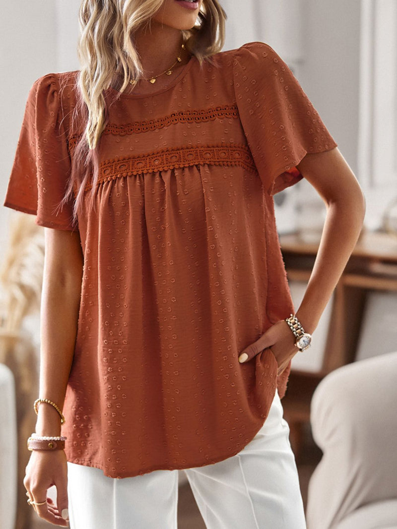 Callie Lace Detail Round Neck Short Sleeve Blouse