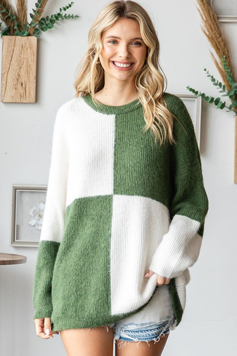 Charleigh Color Block Round Neck Long Sleeve Ribbed Sweater