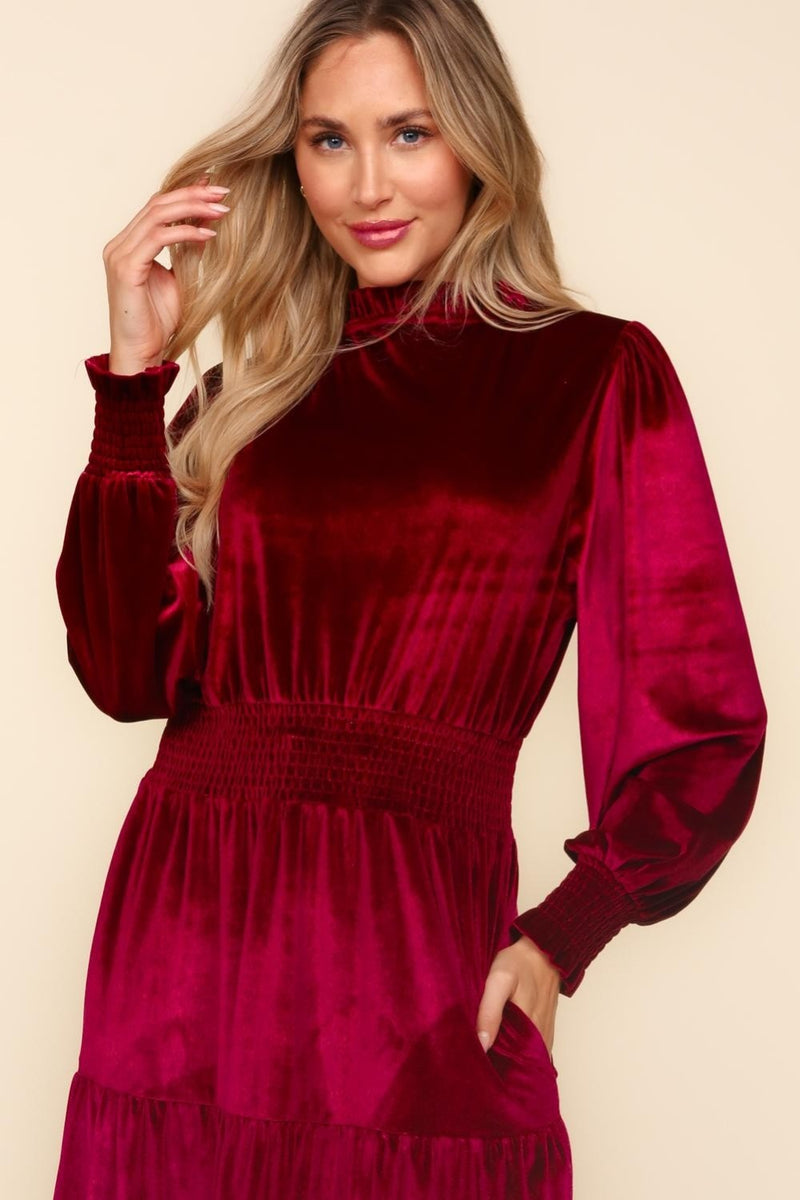 Estelle Mock Neck Smocked Waist Velvet Tiered Dress