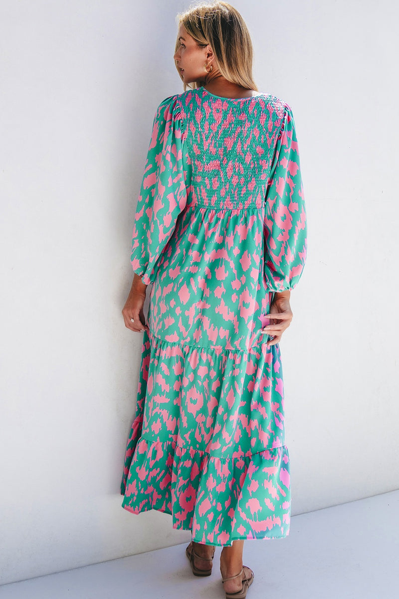 Malaysia Smocked Printed Tie Neck Long Sleeve Dress