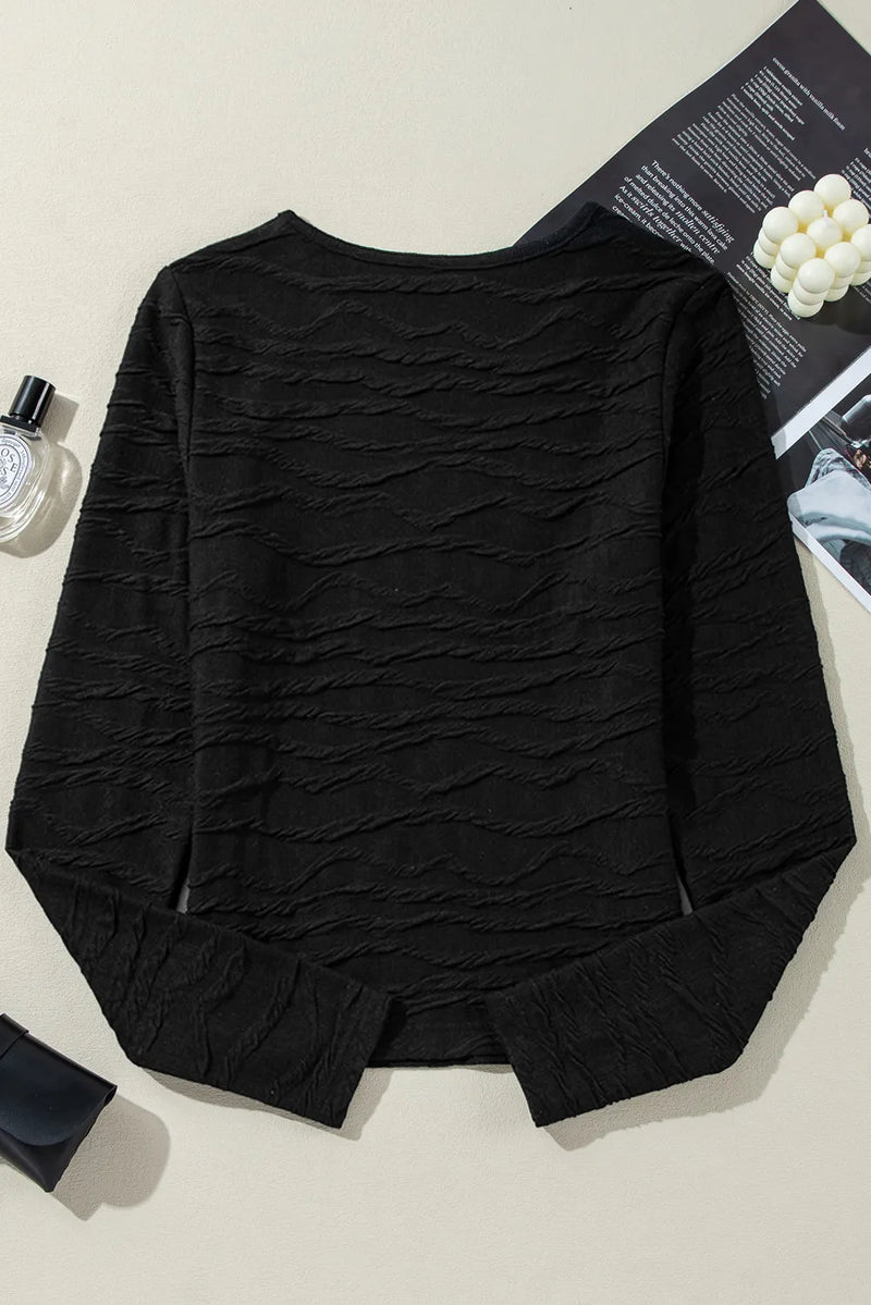 Gracie Textured Round Neck Long Sleeve Blouse