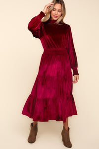 Estelle Mock Neck Smocked Waist Velvet Tiered Dress