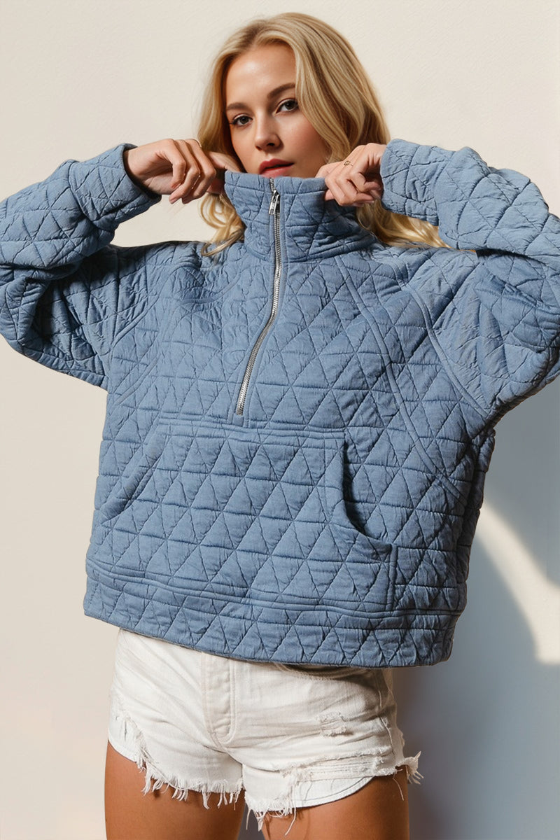 Karina Half Zip Long Sleeve Quilted Sweatshirt with Pocket