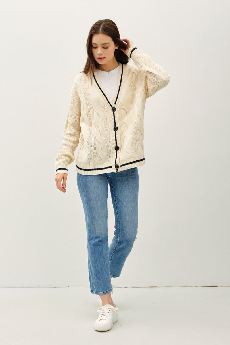 Louisa Contrast Trim Cable-Knit V-Neck Cardigan