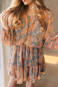 Belle Ruffle Hem Printed Long Sleeve Dress