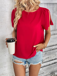 Fiona Round Neck Slit Short Sleeve Top